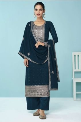 Faux georgette Eid Palazzo Suit in Teal blue with Embroidered PZ3421