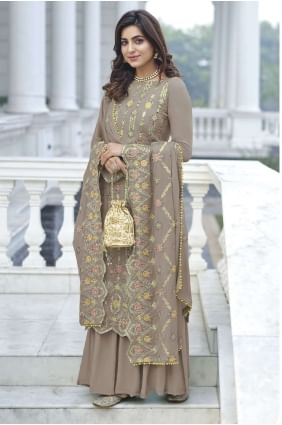 Beige  Faux georgette Eid Palazzo Suit with Embroidered PZ3424