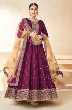 Wine  Taffeta Embroidered Anarkali Suit with Dupatta AS3378