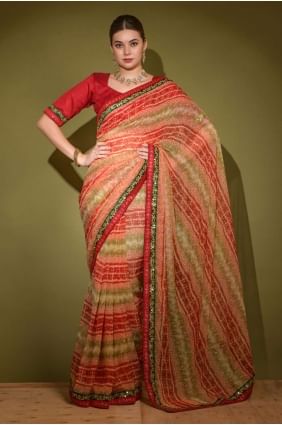 Stone,printed,lace Georgette Saree in Red SR23870