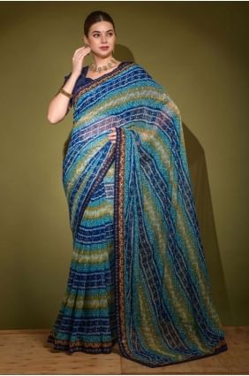 Blue Saree in Stone,printed,lace Georgette SR23871