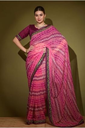 Stone,printed,lace Saree in Pink Georgette SR23872