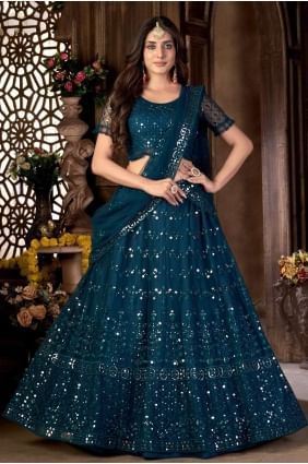 Teal blue Embroidered Party Lehenga Choli in Net LC6454