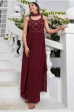Palazzo Suit in Maroon Georgette with Embroidered PZ3565