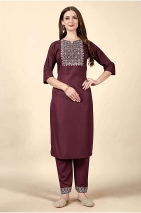 Wine  Embroidered Straight Kurti in Cotton KTI1781