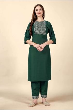 Green Cotton Embroidered Straight Kurti with Dupatta KTI1783
