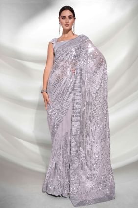 Embroidered Georgette Party Wear Saree in Grey with Blouse SR24186