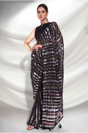 Embroidered Georgette Party Wear Saree in Black SR24214