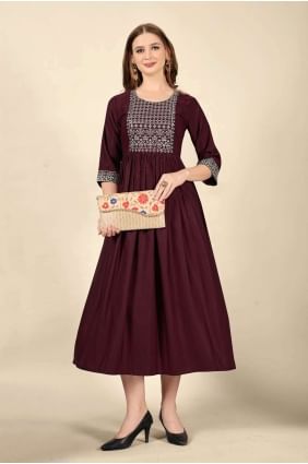 Cotton Embroidered Wine  Straight Kurti with Dupatta KTI1800
