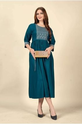 Embroidered Cotton Teal blue Straight Kurti with Dupatta KTI1802