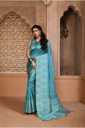 Weaving Raw silk Firozi  Saree with Blouse SR24278