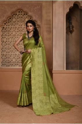 Raw silk Weaving Mehndi  Saree with Blouse SR24279