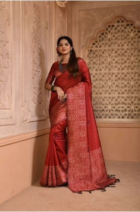 Raw silk Saree with Weaving in Red SR24282