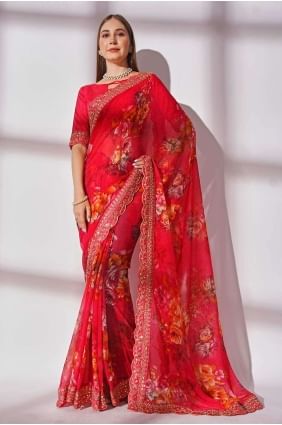 Embroidered,printed,lace border Georgette Saree in Pink SR24299