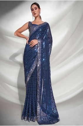 Saree Blue with Embroidered Georgette SR24303