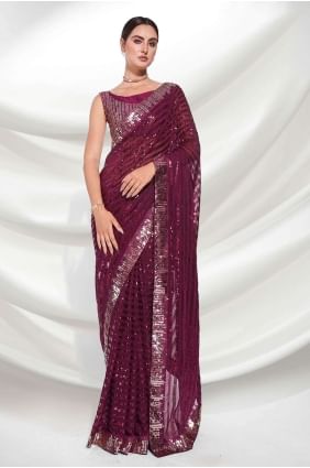 Embroidered Georgette Saree in Wine  with Blouse SR24304