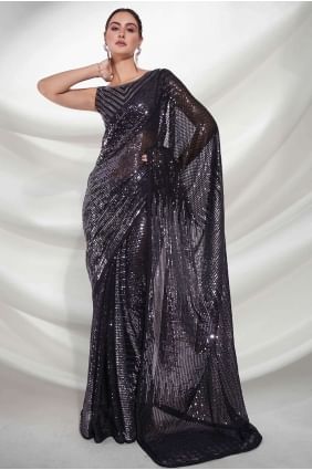 Georgette Black Saree in Embroidered SR24308