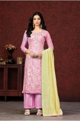 Weaving Cotton Salwar Kameez in Pink SK153117