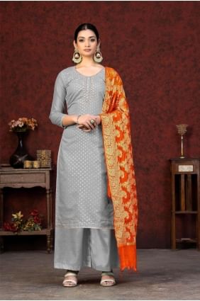 Grey Weaving Salwar Kameez in Banarasi silk SK153139