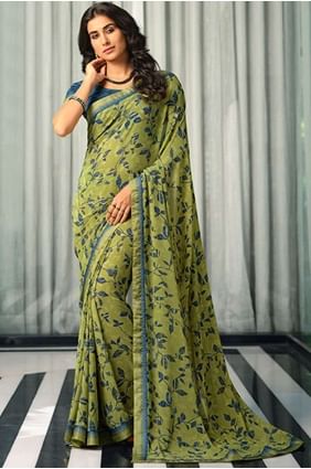 Georgette Saree in Pista  with Printed,lace border SR24589