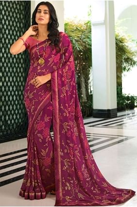 Wine  Saree with Printed,lace border Georgette SR24593