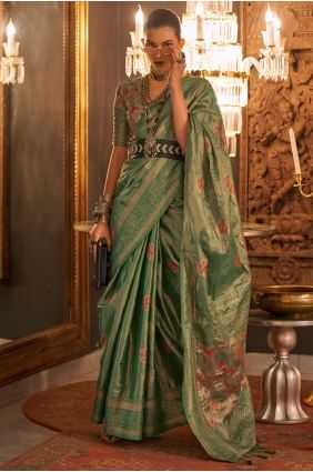 Weaving Handloom silk Saree in Green with Blouse SR24598