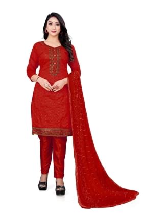Red Salwar Kameez in Cotton with Embroidered SK153326