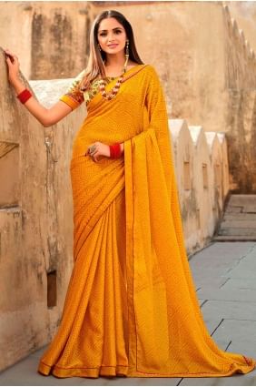 Georgette Saree with Printed,lace border in Yellow SR24617