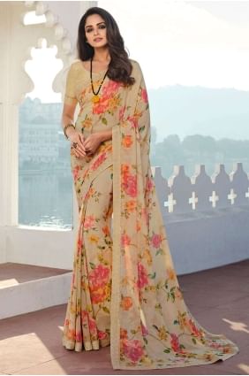 Printed,lace border Georgette Saree in Cream with Blouse SR24630
