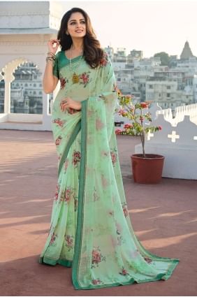 Printed,lace border Georgette Pista  Saree with Blouse SR24631