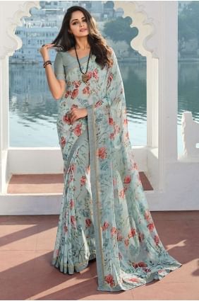 Printed,lace border Georgette Saree in Grey SR24634