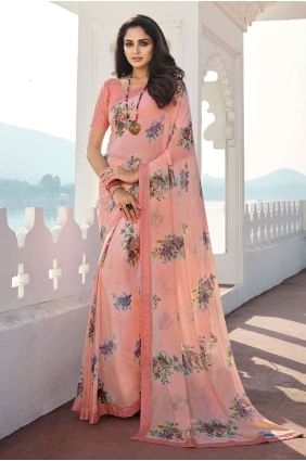Printed,lace border Saree in Peach Georgette SR24635