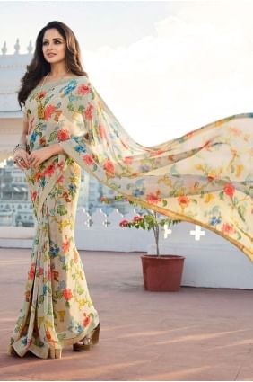 Georgette Saree with Printed,lace border in Beige SR24636