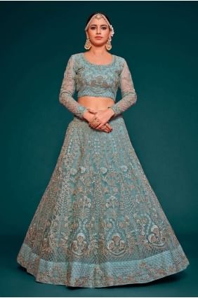 Embroidered Wedding Lehenga Choli in Aqua  Soft net LC6886