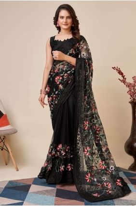 Black Chikankari,thread,embroidered Saree in Soft net SR25523