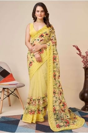 Chikankari,thread,embroidered Soft net Saree in Yellow SR25528