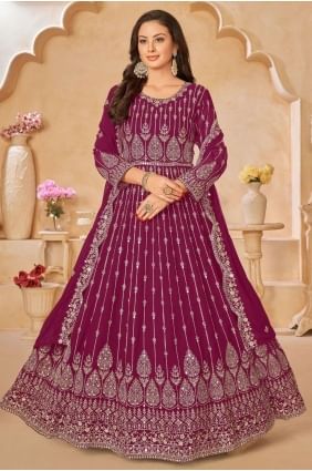 Faux georgette Maroon Anarkali Suit in Embroidered AS3779