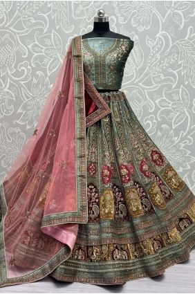 Pista green Lehenga Choli in Embroidered Velvet LC7507