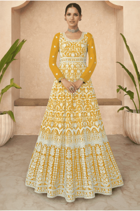 Embroidered Anarkali Suit in Yellow Georgette AS3782
