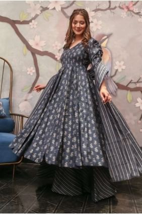 Grey Palazzo Suit in Muslin with Digital print PZ3784