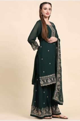 Embroidered Faux georgette Sharara Suit in Green with Dupatta PZ3785