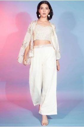 Embroidered Georgette Off white Palazzo Suit PZ3795