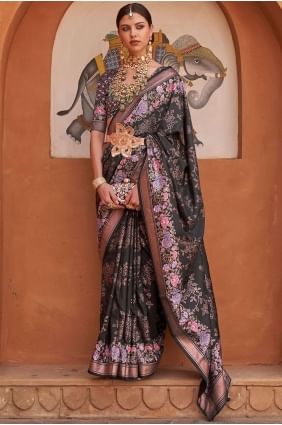 Printed Black Silk Saree SR25863