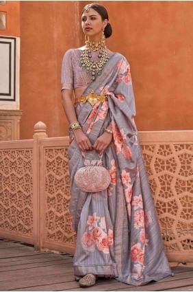 Printed Silk Grey Saree SR25873