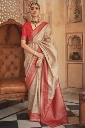 Beige  Banarasi silk Saree with Zari,weaving SR26207