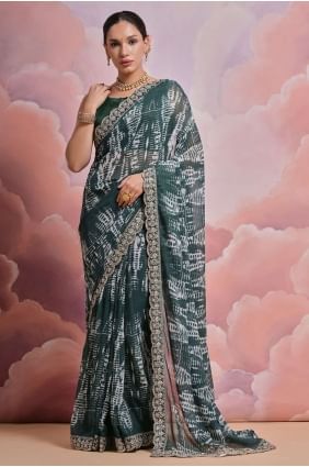Green Saree in Georgette with Sequins,digital print SR26214