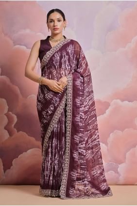 Sequins,digital print Georgette Saree in Wine  with Blouse SR26215