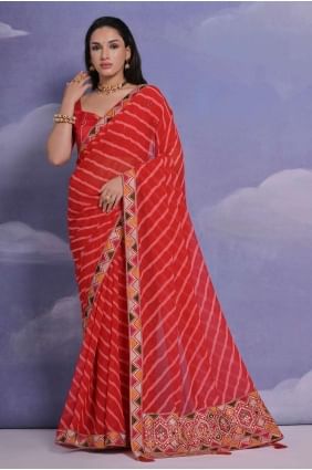 Georgette Saree in Red with Sequins,digital print SR26220