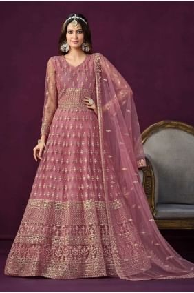 Embroidered Net Anarkali Suit in Pink AS3795