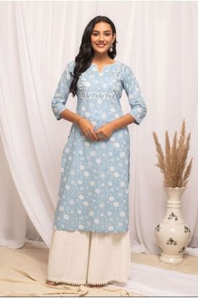 Sky blue Digital print Cotton Kurti KTI2305